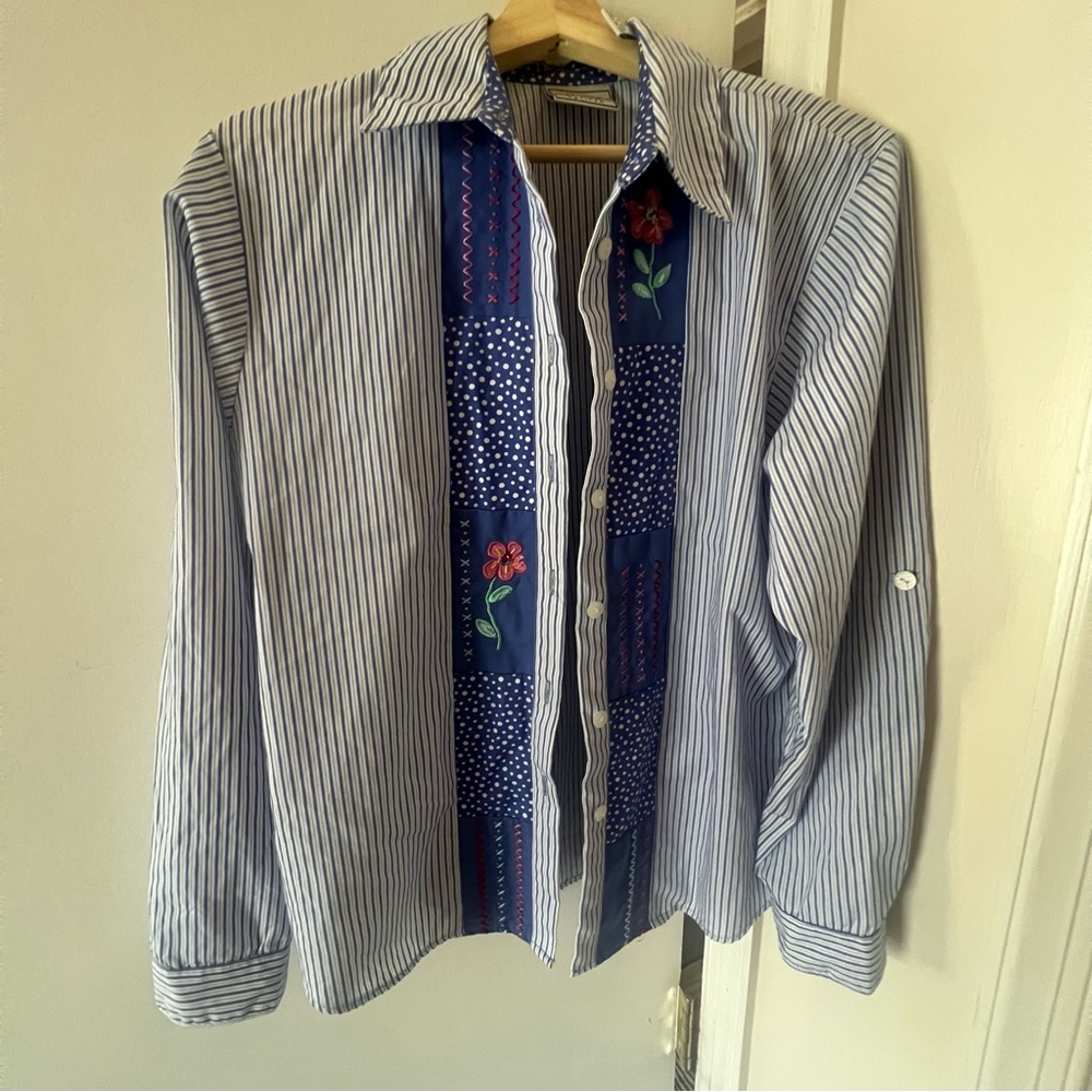 Women's Blue Striped Button Down Shirt with Floral Details